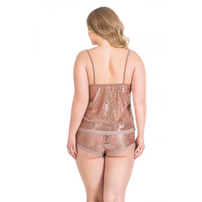 MARSİLYAN-Büyük Beden Vizon Jakarlı Babydoll Şort Takımı