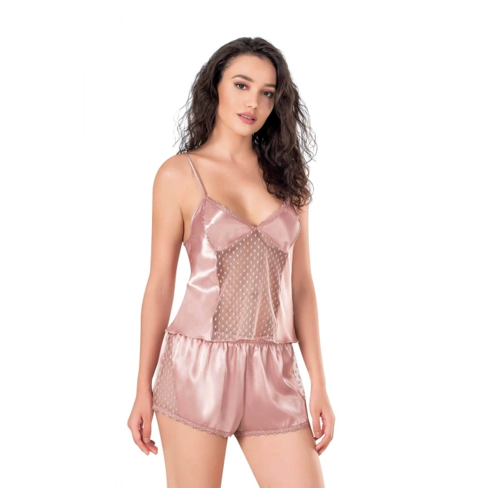 MARSİLYAN-Koyu Pudra Saten Babydoll Şort Takımı