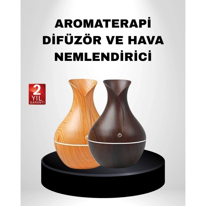 Aromaterapi Difüzör Ahşap Desenli Ve Ultrasonik Nemlendirici Led Işıklı