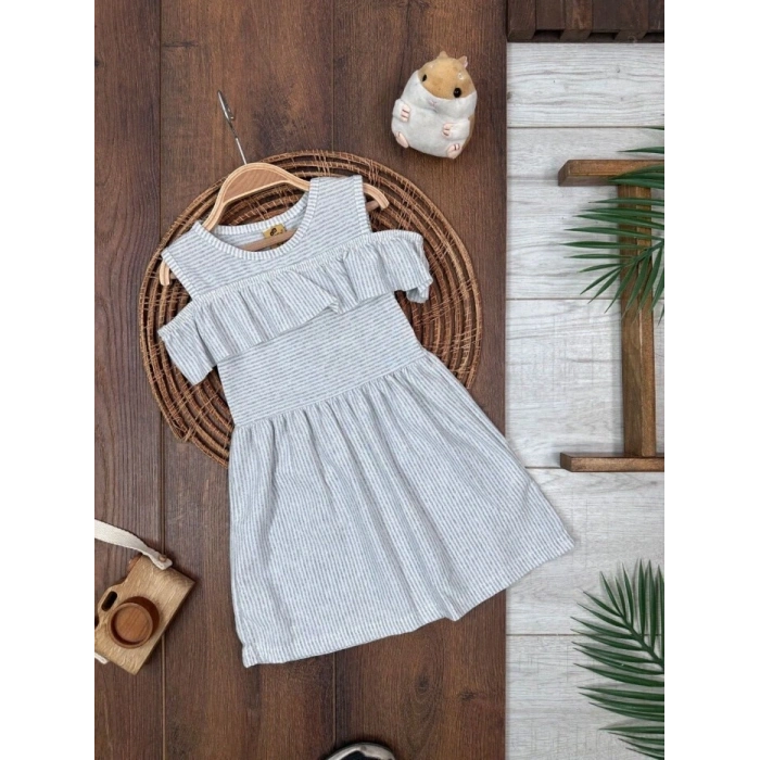 ASKILI ELBİSE KIZ ÇOCUK GRİ PAMUKLU,YAZLIK KIZ ÇOCUK ÇİZGİLİ DESENLİ ELBİSE
