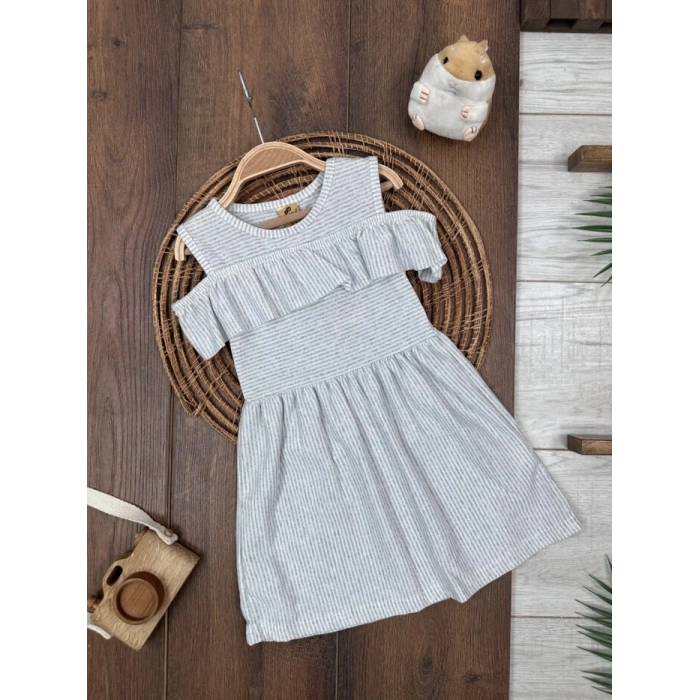 ASKILI ELBİSE KIZ ÇOCUK GRİ PAMUKLU,YAZLIK KIZ ÇOCUK ÇİZGİLİ DESENLİ ELBİSE