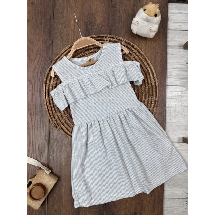 ASKILI ELBİSE KIZ ÇOCUK GRİ PAMUKLU,YAZLIK KIZ ÇOCUK ÇİZGİLİ DESENLİ ELBİSE