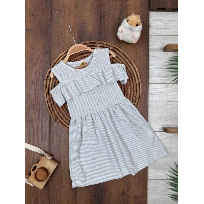 ASKILI ELBİSE KIZ ÇOCUK GRİ PAMUKLU,YAZLIK KIZ ÇOCUK ÇİZGİLİ DESENLİ ELBİSE