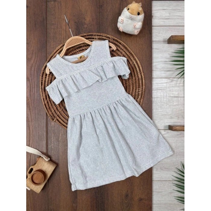 ASKILI ELBİSE KIZ ÇOCUK GRİ PAMUKLU,YAZLIK KIZ ÇOCUK ÇİZGİLİ DESENLİ ELBİSE