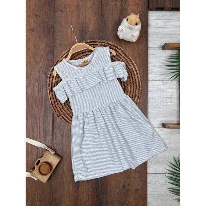 ASKILI ELBİSE KIZ ÇOCUK GRİ PAMUKLU,YAZLIK KIZ ÇOCUK ÇİZGİLİ DESENLİ ELBİSE