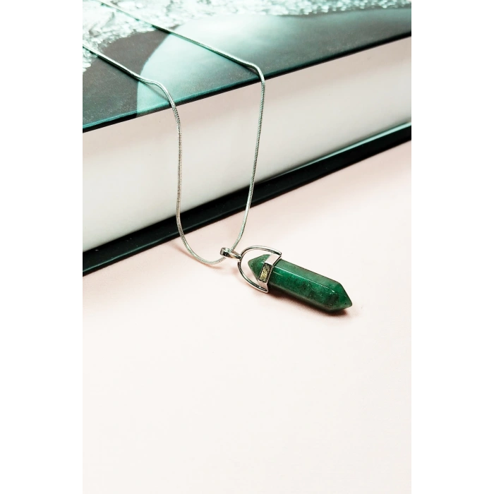 Aventurin Doğal Taşı Zincirli El Yapımı Tasarımlı Kolye Uç: 3,5 cm Zincir: 20 cm Kutulu