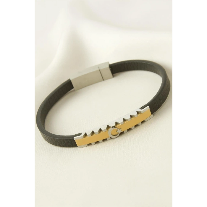 Ay Yıldız Deri Çelik Bileklik