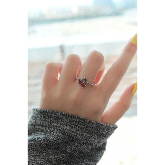 Ayarlamalı Gümüş Renk Kristal Taşlı Kiraz Yüzük - TJ-BYK2269