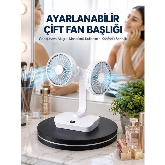 Ayarlanabilir Hızlı Çift Başlıklı Masaüstü Fan – Gece Lambalı Serinletici