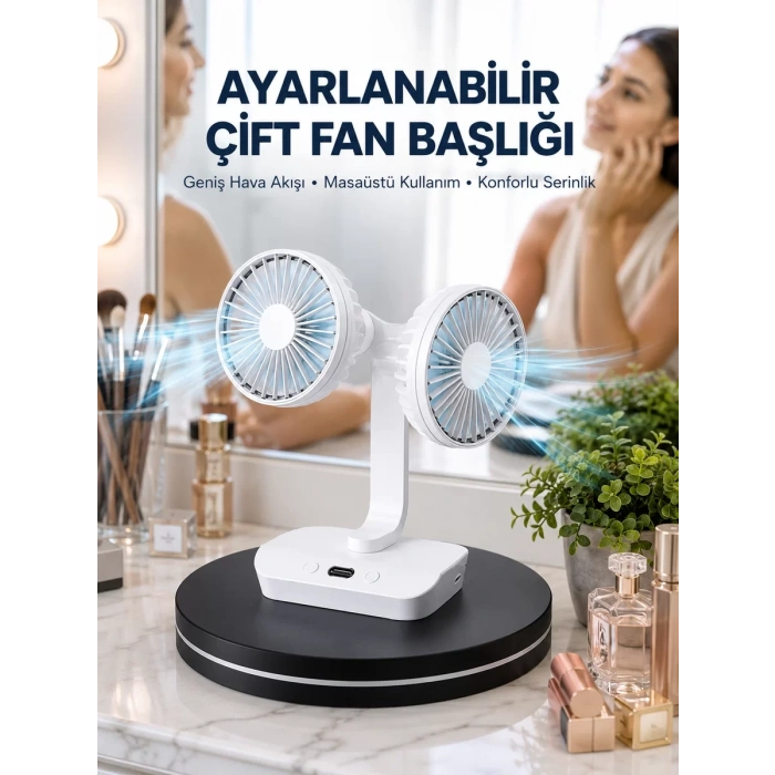 Ayarlanabilir Hızlı Çift Başlıklı Masaüstü Fan – Gece Lambalı Serinletici