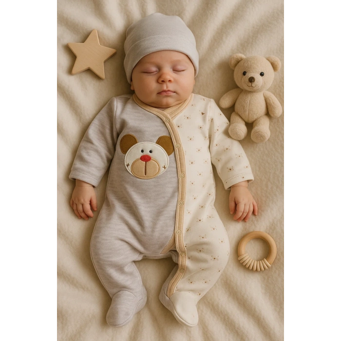 Ayıcık Detaylı Nakışlı Tulumlu % 100 Pamuk Erkek Bebek 5li Set