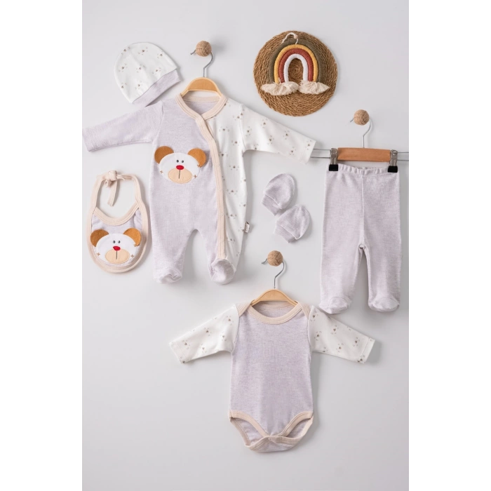 Ayıcık Detaylı Nakışlı Tulumlu % 100 Pamuk Erkek Bebek 5li Set