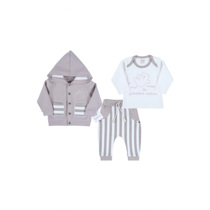 Ayıcık Nakışlı Hırkalı % 100 Pamuk Erkek Bebek Takım