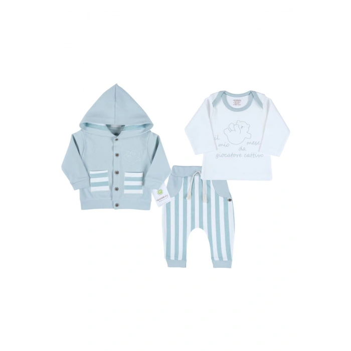 Ayıcık Nakışlı Hırkalı % 100 Pamuk Erkek Bebek Takım