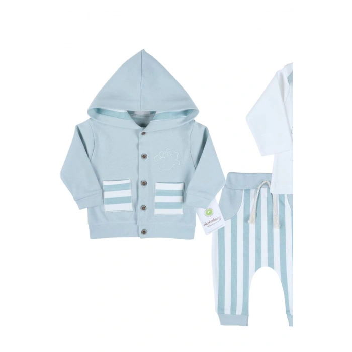 Ayıcık Nakışlı Hırkalı % 100 Pamuk Erkek Bebek Takım