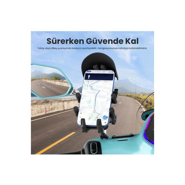 Ayna Bağlantılı Güneş Ve Yağmur Korumalı 360° Derece Ayarlanabilir Motosiklet Telefon Tutucu