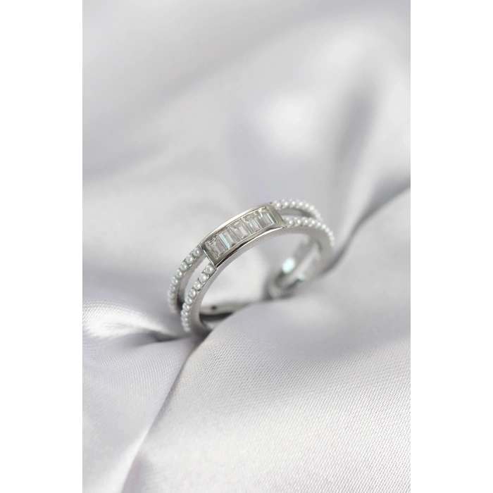 Baget Zirkon Taşlı Gümüş Renk İncili Kadın Yüzük - TJ-BYK4031