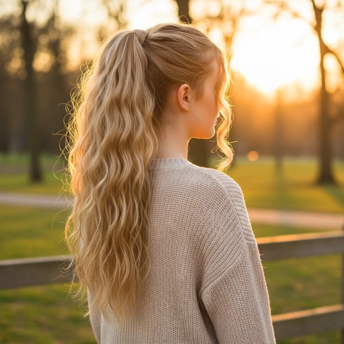 Bağlamalı Kabarık Dalgalı At Kuyruğu - Karamel Platin Röfleli
