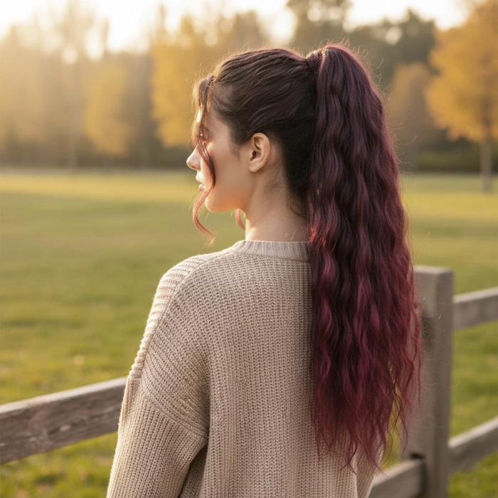 Bağlamalı Kabarık Dalgalı At Kuyruğu - Koyu Kızıl