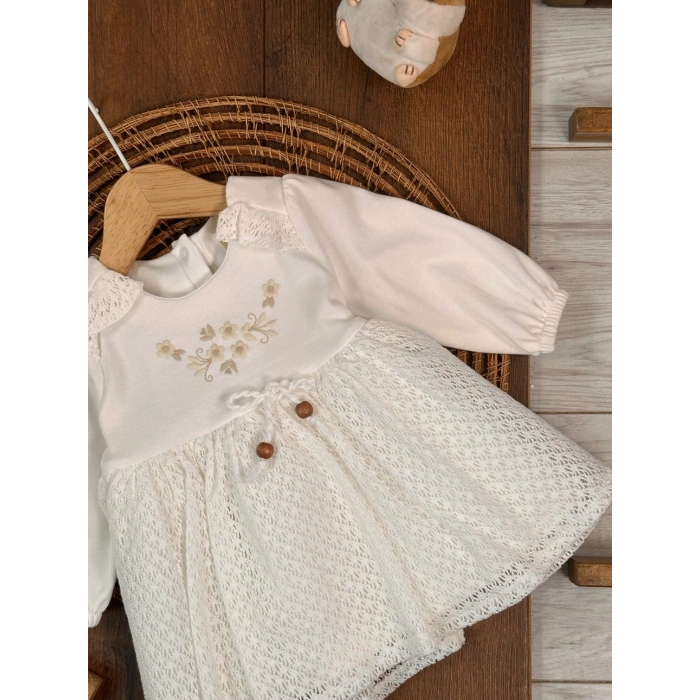 Bahar Pamuklu Çiçek Nakışlı Kız Bebek Elbise