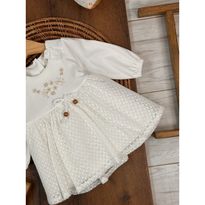 Bahar Pamuklu Çiçek Nakışlı Kız Bebek Elbise