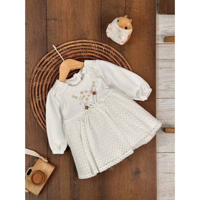 Bahar Pamuklu Çiçek Nakışlı Kız Bebek Elbise