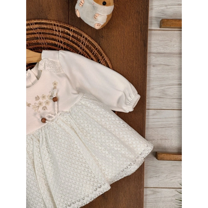 Bahar Pamuklu Çiçek Nakışlı Kız Bebek Elbise