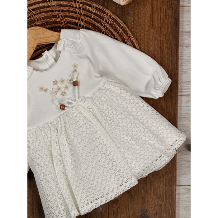 Bahar Pamuklu Çiçek Nakışlı Kız Bebek Elbise