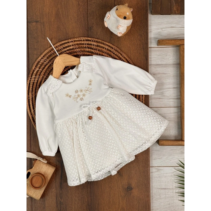 Bahar Pamuklu Çiçek Nakışlı Kız Bebek Elbise