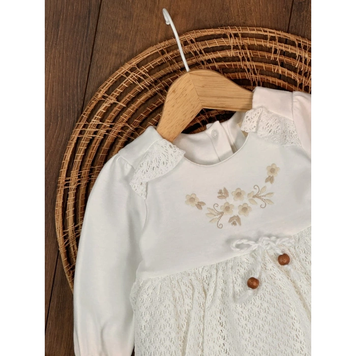 Bahar Pamuklu Çiçek Nakışlı Kız Bebek Elbise