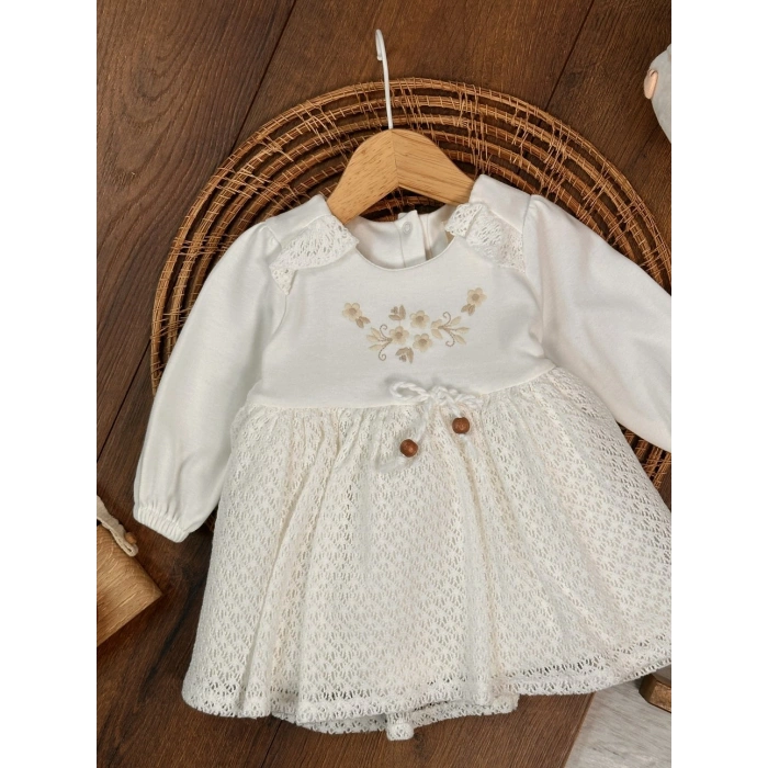 Bahar Pamuklu Çiçek Nakışlı Kız Bebek Elbise