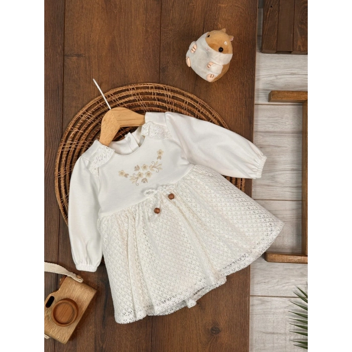 Bahar Pamuklu Çiçek Nakışlı Kız Bebek Elbise