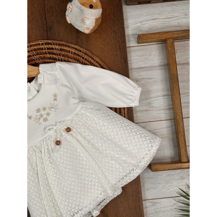 Bahar Pamuklu Çiçek Nakışlı Kız Bebek Elbise