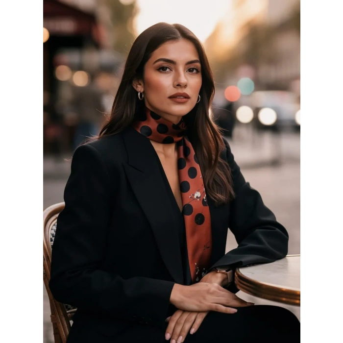 Bakır Siyah Çiçek Puantiye Modern Geometrik Desenli Fular– Ofis ve Günlük Stil – Şık Hediye Seçeneği