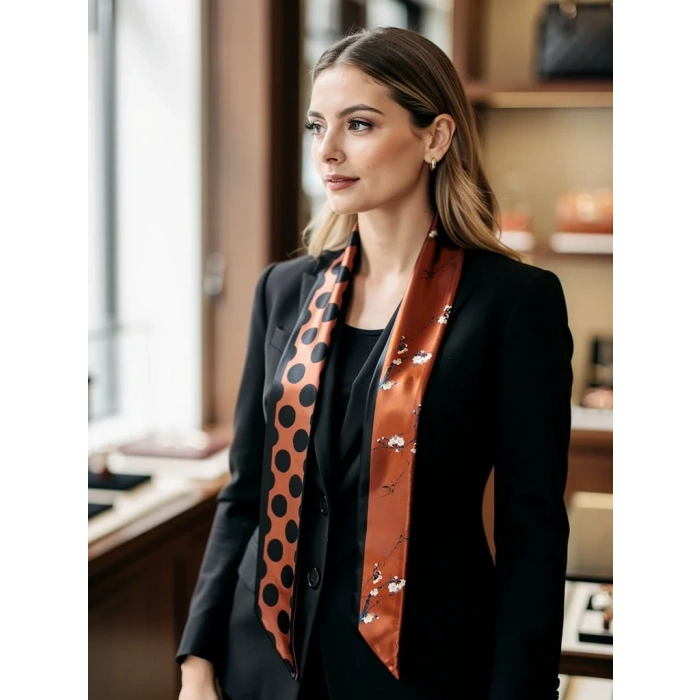Bakır Siyah Çiçek Puantiye Modern Geometrik Desenli Fular– Ofis ve Günlük Stil – Şık Hediye Seçeneği