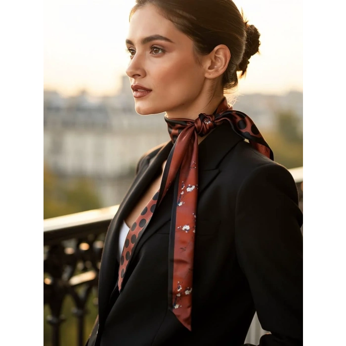 Bakır Siyah Çiçek Puantiye Modern Geometrik Desenli Fular– Ofis ve Günlük Stil – Şık Hediye Seçeneği