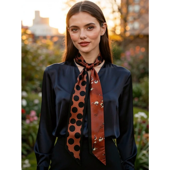 Bakır Siyah Çiçek Puantiye Modern Geometrik Desenli Fular– Ofis ve Günlük Stil – Şık Hediye Seçeneği