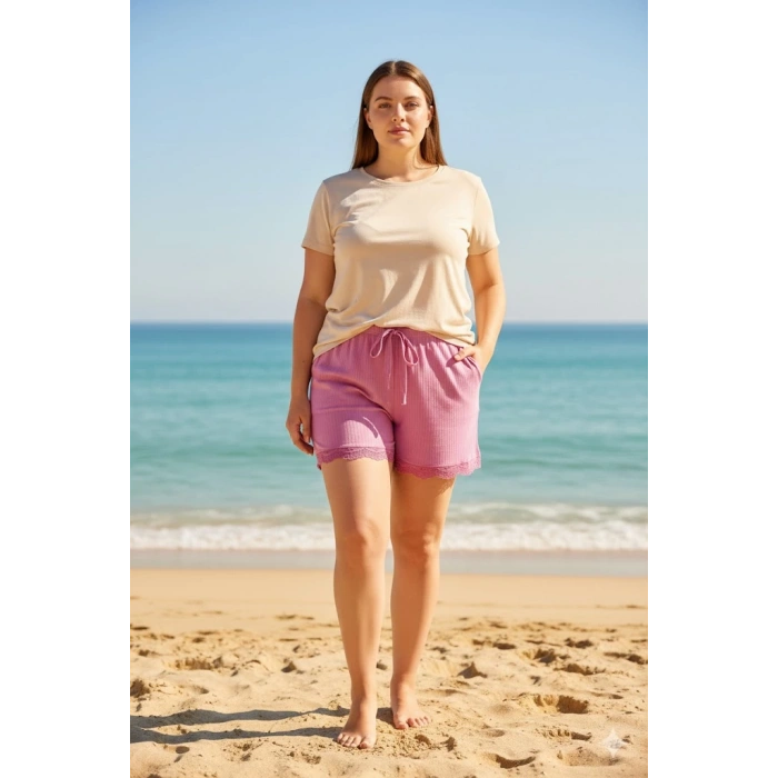 Bambu Fitilli Kadın Ev Şortu Bacak Dantel Detaylı Ev Giyim Pembe