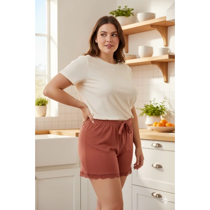 Bambu Fitilli Kadın Ev Şortu Bacak Dantel Detaylı Ev Giyim Taba