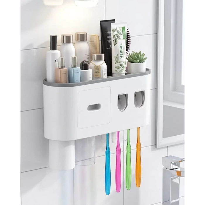 Banyo Organizer Diş Fırçası Tutucu Çift Dispenserli Raflı Çekmeceli