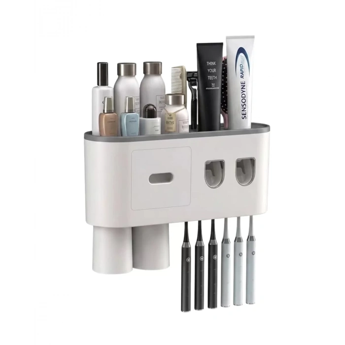 Banyo Organizer Diş Fırçası Tutucu Çift Dispenserli Raflı Çekmeceli