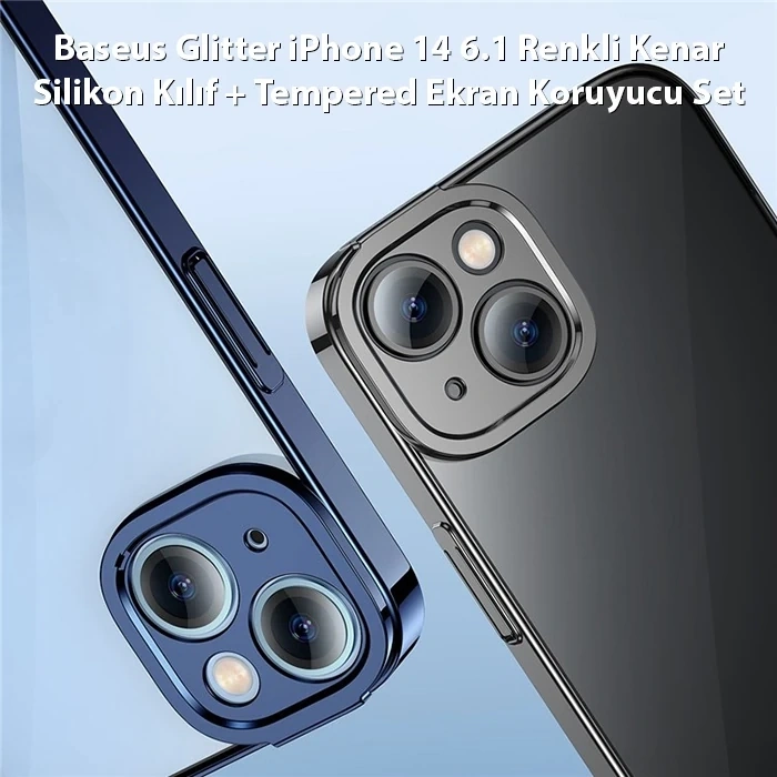 Baseus Glitter İphone 14 6.1 Renkli Kenar Silikon Kılıf + Tempered Ekran Koruyucu Set