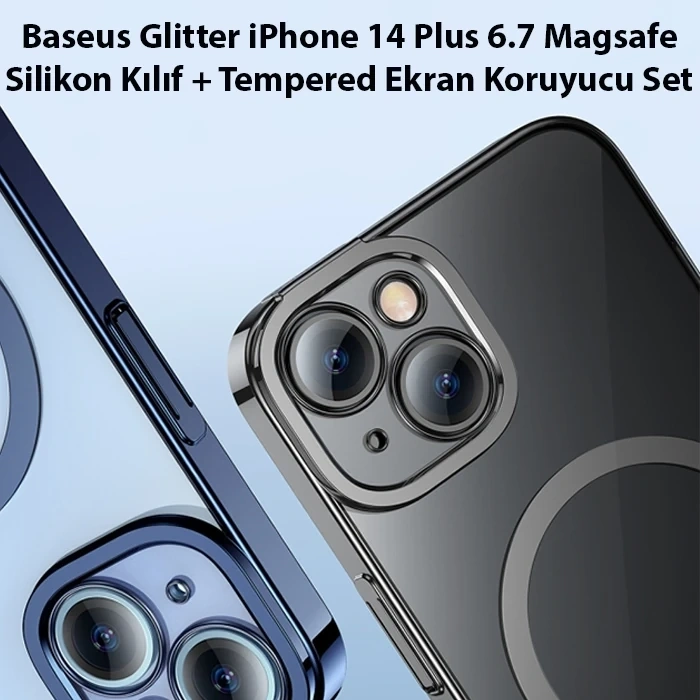 Baseus Glitter İphone 14 Plus 6.7 Magsafe Silikon Kılıf + Tempered Ekran Koruyucu Set