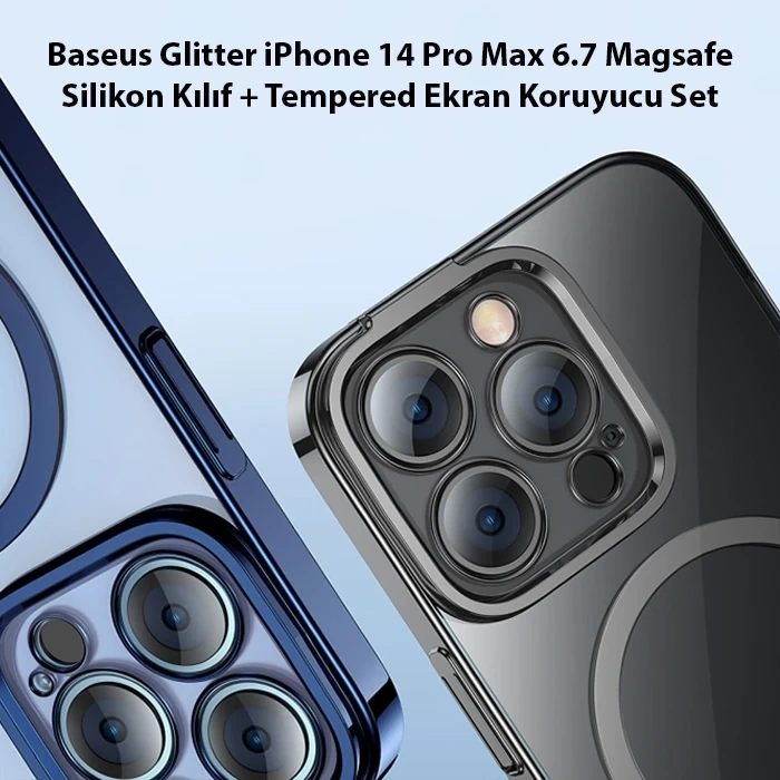 Baseus Glitter İphone 14 Pro Max 6.7 Magsafe Silikon Kılıf + Tempered Ekran Koruyucu Set
