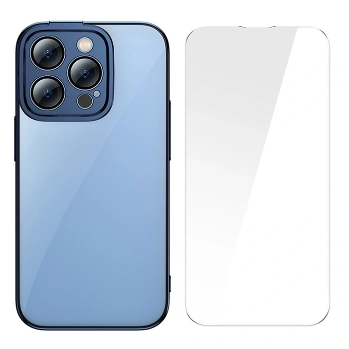 Baseus Glitter İphone 14 Pro Max 6.7 Renkli Kenar Silikon Kılıf + Tempered Ekran Koruyucu Set