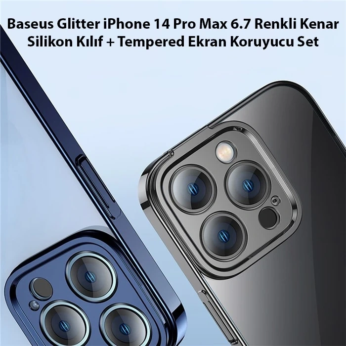 Baseus Glitter İphone 14 Pro Max 6.7 Renkli Kenar Silikon Kılıf + Tempered Ekran Koruyucu Set