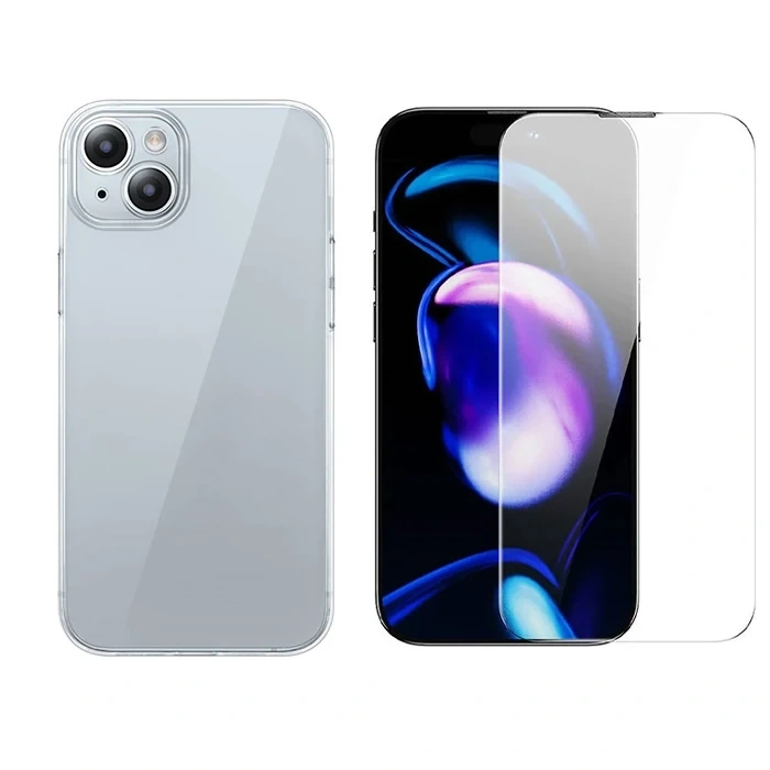 Baseus İphone 15 Plus Schott Serisi Şeffaf Silikon Kılıf + Tempered Ekran Koruyucu Set-(5775)