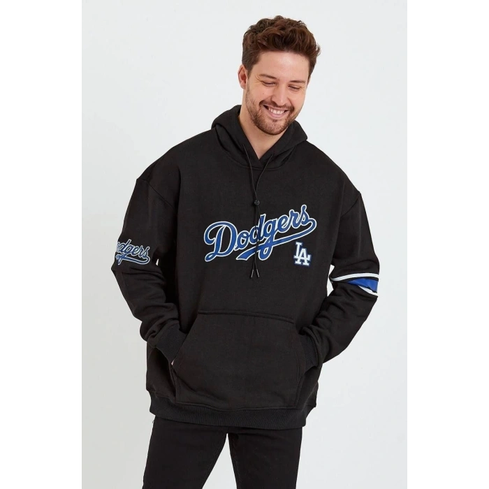 Baskılı Kapşonlu Üç iplik Oversize Sweatshirt - Siyah