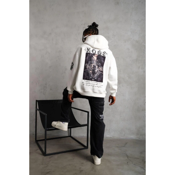 Baskılı Kapüşonlu Sweat - Beyaz -