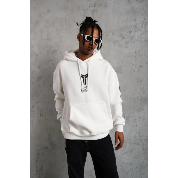 Baskılı Kapüşonlu Sweat - Beyaz -